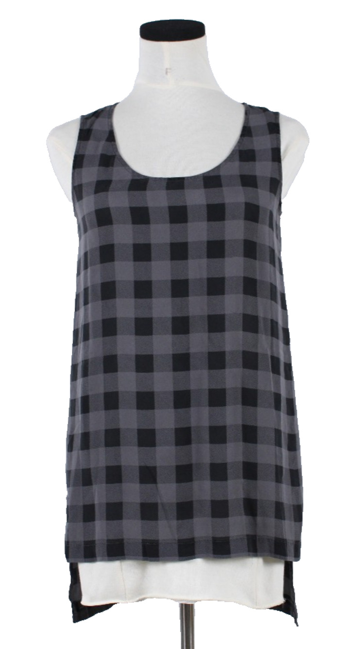 A6 EILEEN FISHER Silk Tunic Tank Top Womens Gray Black Buffalo Plaid Size XXS